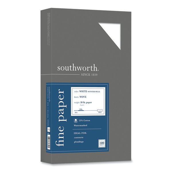 Southworth Business Paper, 25% Cotton, Ruled, 95 Bright, 20 lb Bond Weight, 8.5 x 14, White, PK500, 500PK 403ER